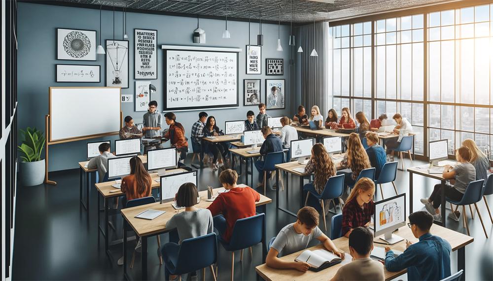 Example of a DALL-E image produced in response to the prompt, “Can you create an image of what an ideal math classroom looks like featuring a group of students engaged in project-based learning in a modern looking classroom?”