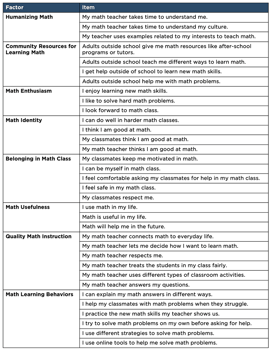 Adapted Measure of Math Engagement Scale Table